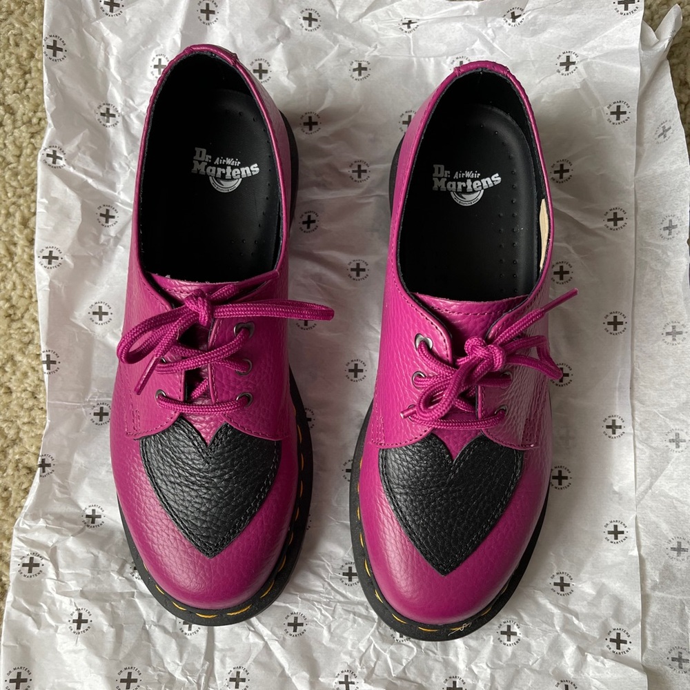 Dr. Martens Pink and Black Flats with Heart Detail